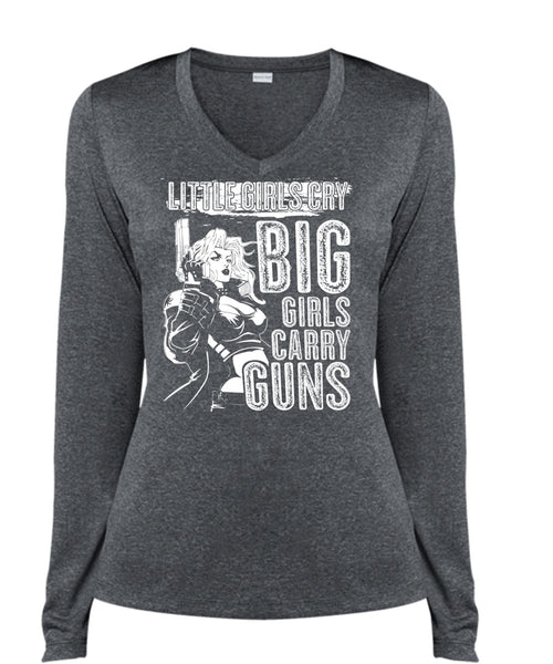 Little Girls Cry T Shirt, Big Girls Carry Guns T Shirt, Cool Shirt (Ladies LS Heather V-Neck)