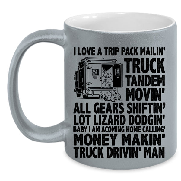 Truck Driving Man Coffee Mug, I Love A Trip Pack Mailing Truck Tandem Accent Mug