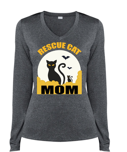 Rescue Cat Mom T Shirt, My Favorite T Shirt, Cool Shirt (Ladies LS Heather V-Neck)