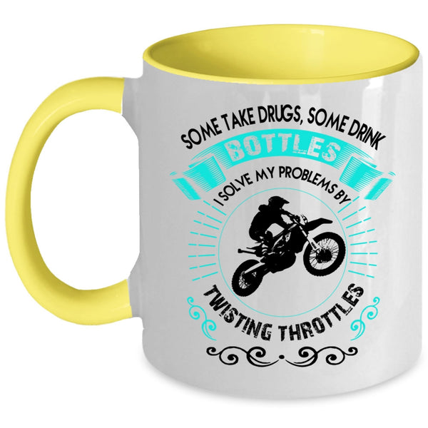 Funny Motorcycles Coffee Mug, I Solve My Problems By Twisting Throttles Accent Mug