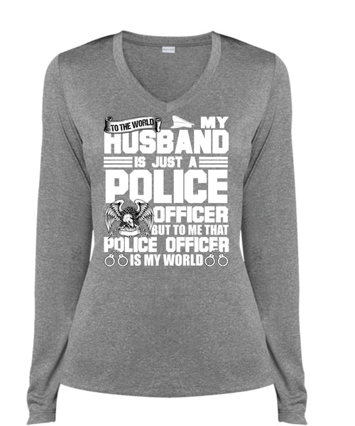 My Husband Is Just A Police Officer T Shirt, Being A Police T Shirt, Cool Shirt (Ladies LS Heather V-Neck)