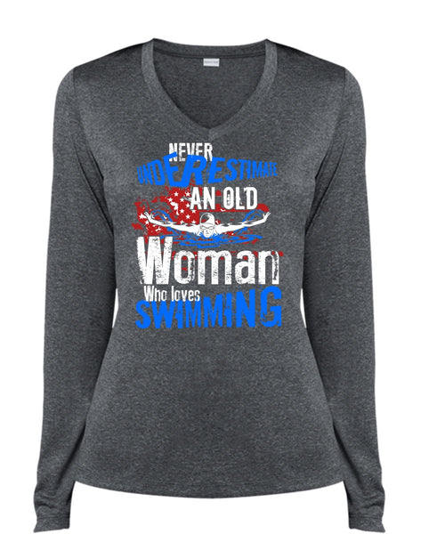 Old Woman Who Loves Swimming T Shirt, Being A Swimmer T Shirt, Cool Shirt (Ladies LS Heather V-Neck)