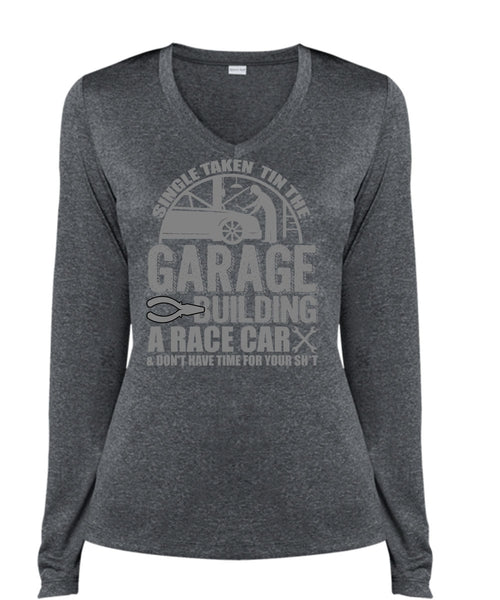 Garage Building A Race Car T Shirt, Being A Mechanic T Shirt, Cool Shirt (Ladies LS Heather V-Neck)