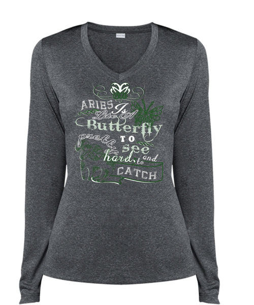 Aries Is Like A Butterfly To See And Too Catch Pretty Harel T Shirt (Ladies LS Heather V-Neck)