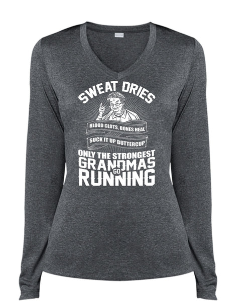 Grandmas Go Running T Shirt, Sweat Dries T Shirt, Cool Shirt (Ladies LS Heather V-Neck)