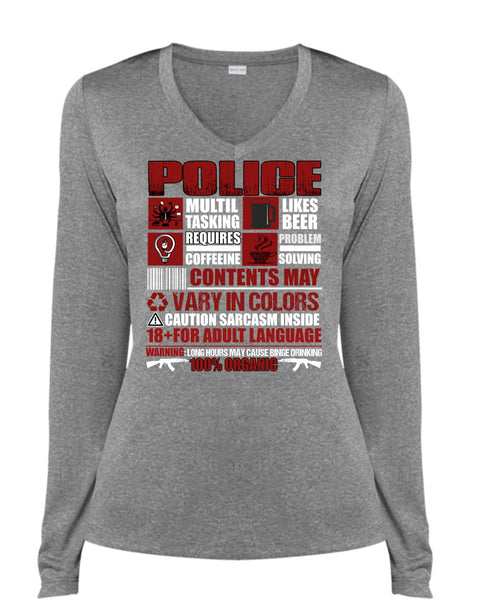 Police Multitasking T Shirt, Likes Beer T Shirt, Cool Shirt (Ladies LS Heather V-Neck)