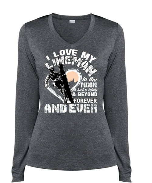 I Love My Lineman T Shirt, Moon And Back T Shirt, Cool Shirt (Ladies LS Heather V-Neck)