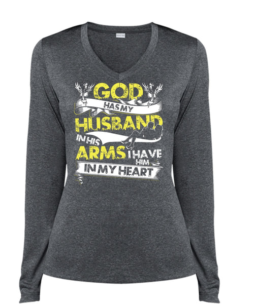 God Has My Husband T Shirt, I Have Him In My Heart T Shirt, Cool Shirt (Ladies LS Heather V-Neck)