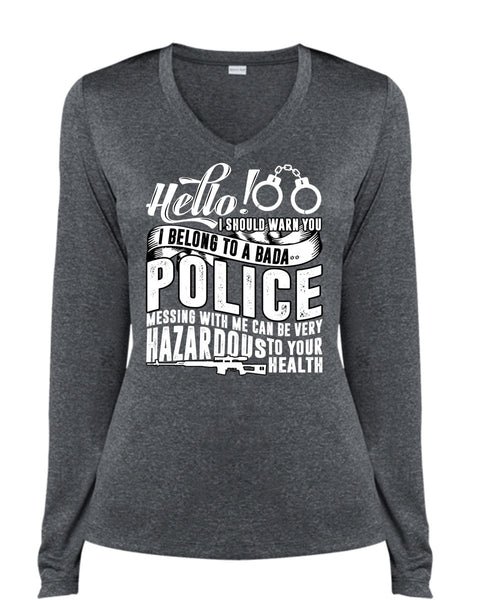 I Belong To A Police T Shirt, Being A Police T Shirt, Cool Shirt (Ladies LS Heather V-Neck)