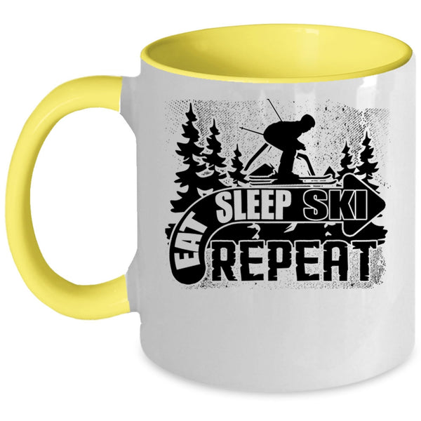 Outdoor Activity Coffee Mug, Eat Sleep Ski Repeat Accent Mug