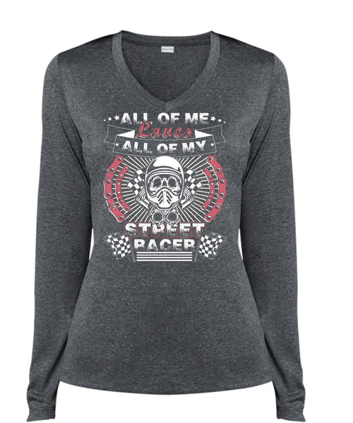 All Of My Street Racer T Shirt, Being A Biker T Shirt, Cool Shirt (Ladies LS Heather V-Neck)