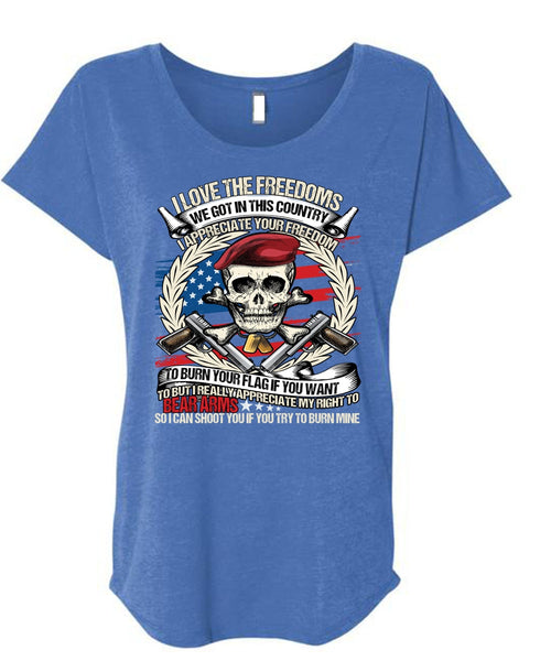 I Love The Freedoms T Shirt, Being A Veteran T Shirt, Cool Shirt (Ladies' Triblend Dolman Sleeve)