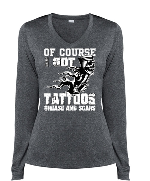 I Got Tattoos Grease T Shirt, I Love Mechanic T Shirt, Cool Shirt (Ladies LS Heather V-Neck)