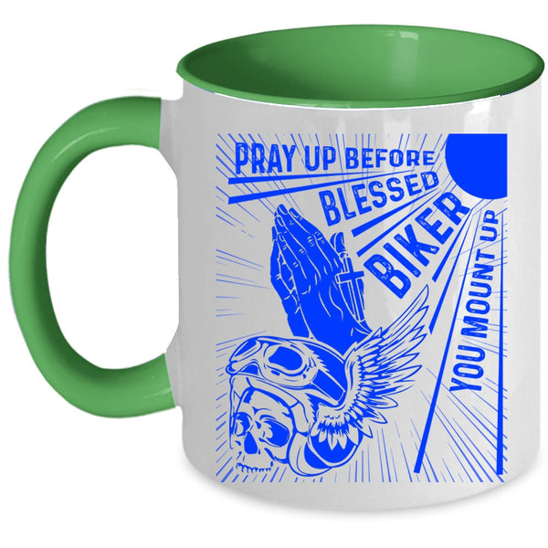 Cool Biker Coffee Mug, Pray Up Before Blessed Biker Accent Mug