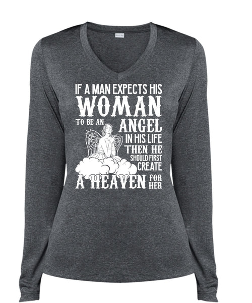 Woman To Be An Angel T Shirt, Create A Heaven T Shirt, Cool Shirt (Ladies LS Heather V-Neck)