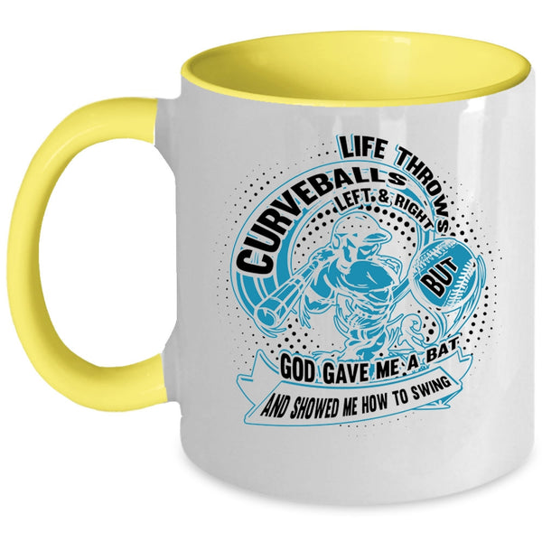 Funny Baseball Player Coffee Mug, Life Throws Curveballs Left And Right Accent Mug