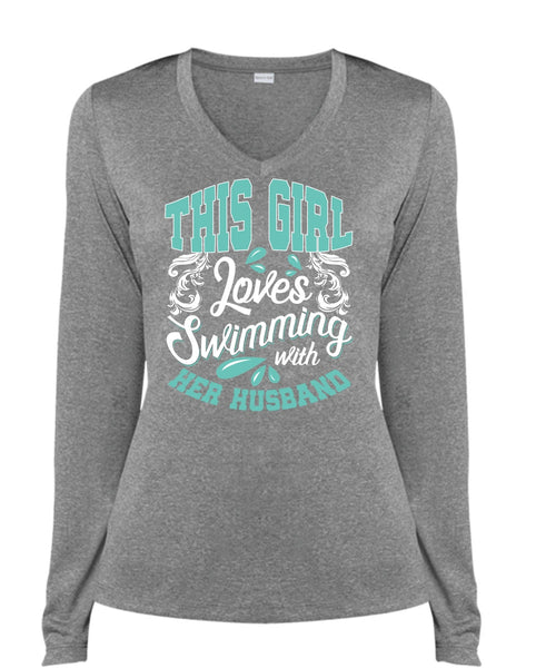 This Girl Loves Swimming With Her Husband T Shirt, Being A Swimmer T Shirt, Cool Shirt (Ladies LS Heather V-Neck)