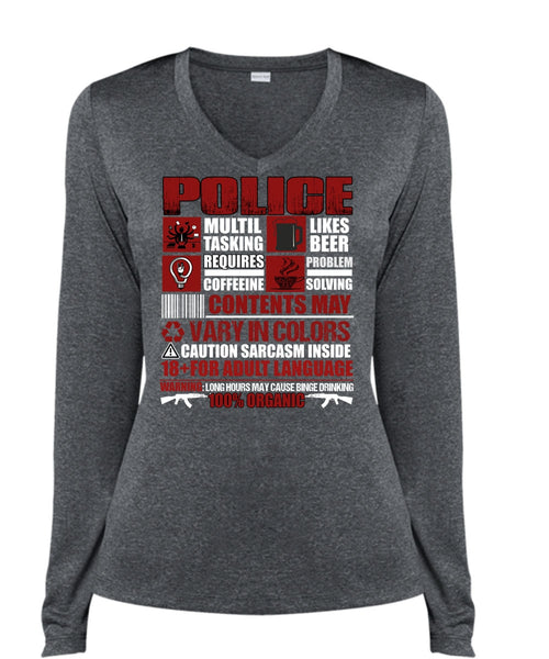 Police Multitasking T Shirt, Likes Beer T Shirt, Cool Shirt (Ladies LS Heather V-Neck)