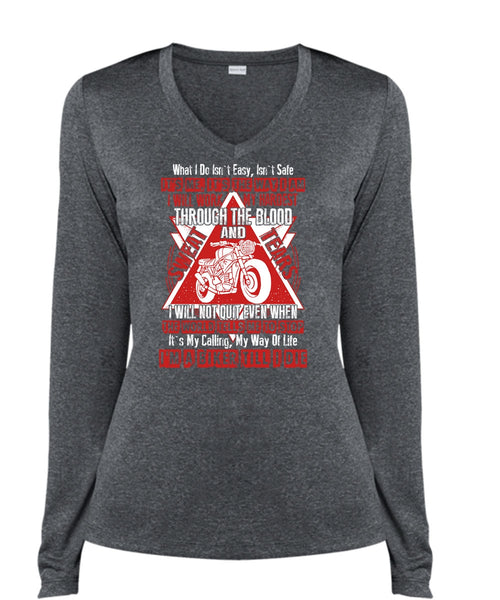 I'm A Biker Till T Shirt, I Will Work My Hardest T Shirt, Cool Shirt (Ladies LS Heather V-Neck)