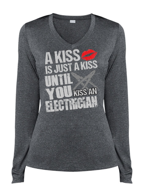 Kiss An Electrician T Shirt, I Love Electrician T Shirt, Cool Shirt (Ladies LS Heather V-Neck)