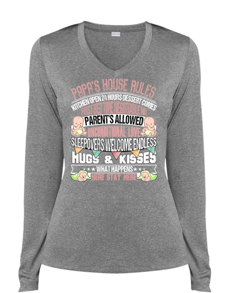 Papa's House Rules T Shirt, Hugs And Kisses T Shirt, Cool Shirt (Ladies LS Heather V-Neck)