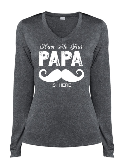 Have No Fear Papa Is Here T Shirt, Being A Papa T Shirt, Father's Day T Shirt (Ladies LS Heather V-Neck)