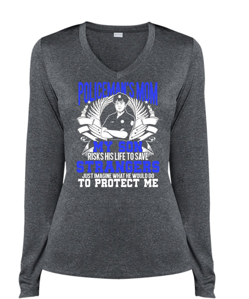 Policeman's Mom T Shirt, My Son Risks His Life T Shirt, Cool Shirt (Ladies LS Heather V-Neck)