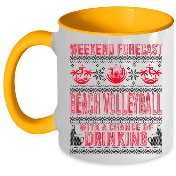 Cool Sporty Coffee Mug, Weekend Forecast Beach Volleyball Accent Mug