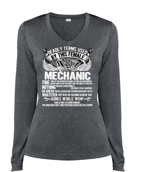 This Female Mechanic T Shirt, Being A Mechanic T Shirt, Cool Shirt (Ladies LS Heather V-Neck)