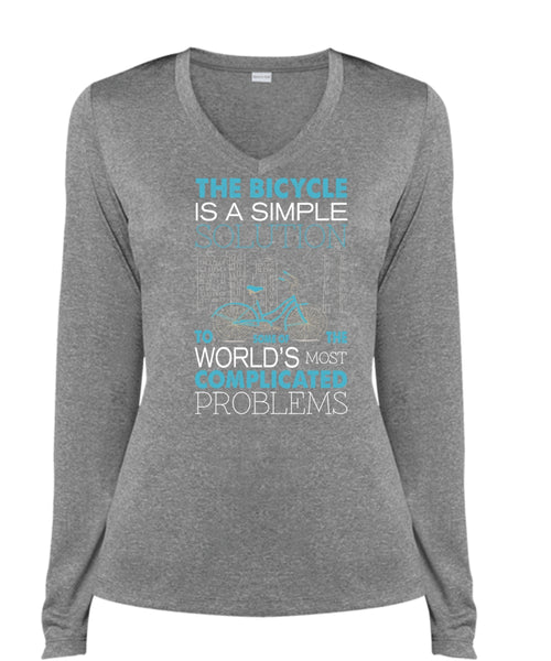 The Bicycle Is A Simple Solution T Shirt, The World's Most Complicated Problems T Shirt (Ladies LS Heather V-Neck)