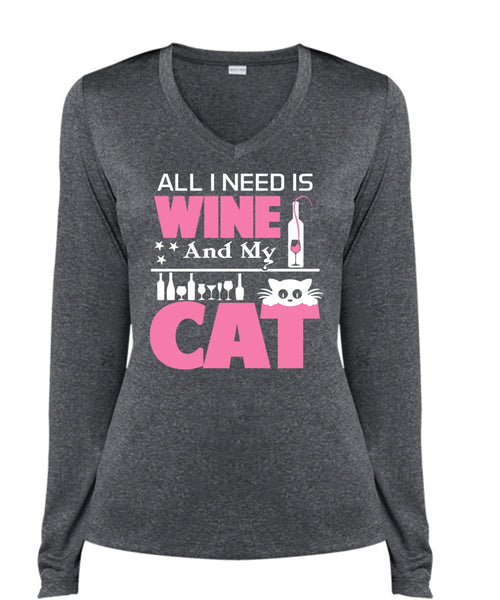 All I Need Is Wine And My Cat T Shirt, My Pets T Shirt (Ladies LS Heather V-Neck)
