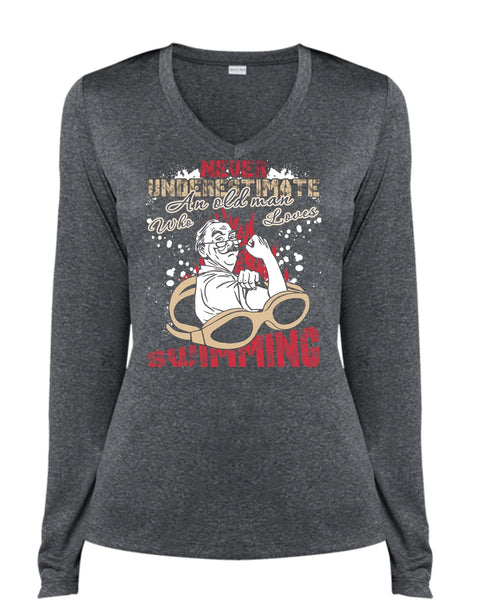 Old Man Who Loves Swimming T Shirt, Being A Swimmer T Shirt, Cool Shirt (Ladies LS Heather V-Neck)