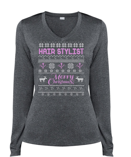 Hair Stylist Merry Christmas T Shirt, Being A Hair Stylist T Shirt, Cool Shirt (Ladies LS Heather V-Neck)