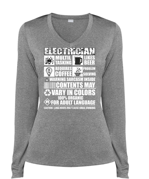 Electrician Multi-tasking T Shirt, Likes Beer T Shirt, Cool Shirt (Ladies LS Heather V-Neck)