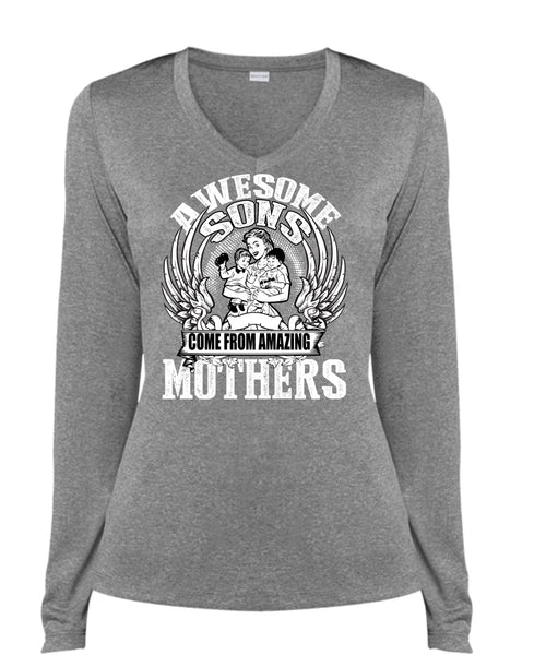 Awesome Sons Come From Amazing Mother T Shirt, Being A Mom T Shirt, Cool Shirt (Ladies LS Heather V-Neck)
