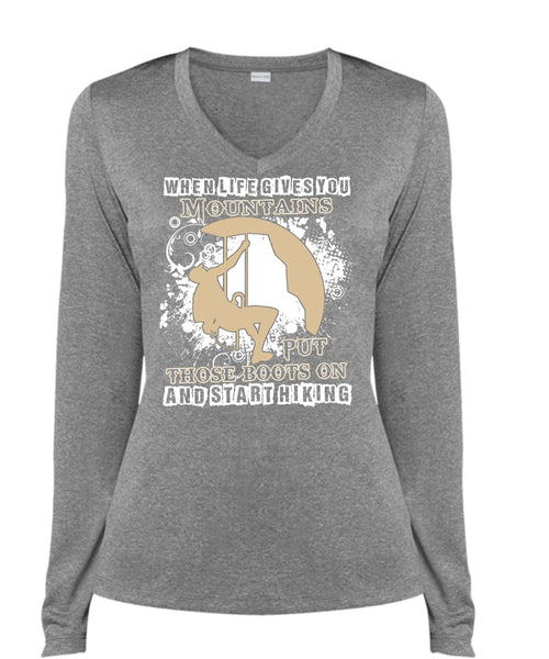 Start Hiking T Shirt, You Mountains Put Those Boots T Shirt, Cool Shirt (Ladies LS Heather V-Neck)