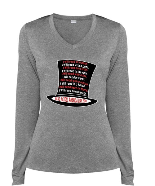 The Cat in the Hat T Shirt, I Will Read With A Goat T Shirt, Dr. Seuss T Shirt, I Will Read Here Or There T Shirt, Cool Shirt (Ladies LS Heather V-Neck)