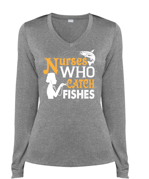 Nurses Who Catch Fishes T Shirt, Job T Shirt, I Love Fish T Shirt (Ladies LS Heather V-Neck)