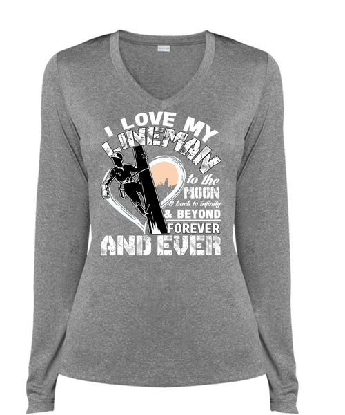 I Love My Lineman T Shirt, Moon And Back T Shirt, Cool Shirt (Ladies LS Heather V-Neck)