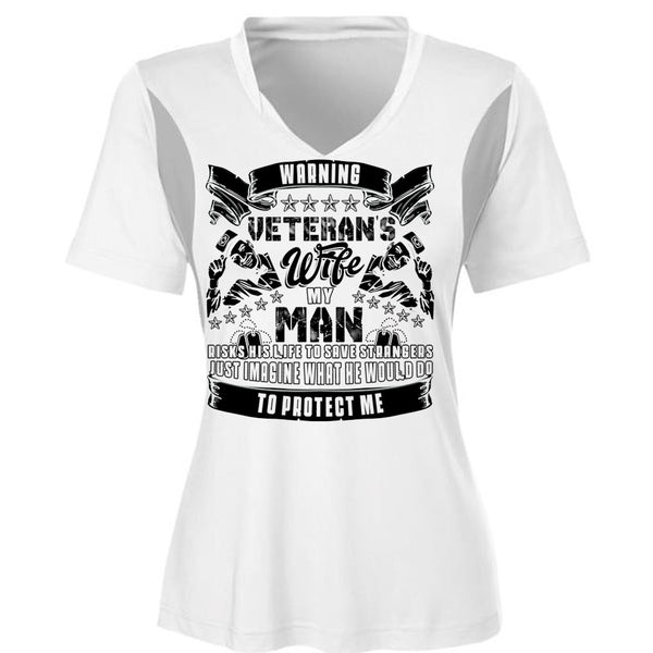 Warning Veteran's Wife T Shirt, My Man Risks His Life T Shirt, Cool Shirt (Ladies LS Heather V-Neck)