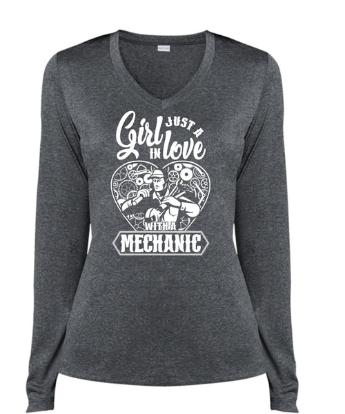 Just A Girl In Love With A Mechanic T Shirt, Being A Mechanic T Shirt, Cool Shirt (Ladies LS Heather V-Neck)