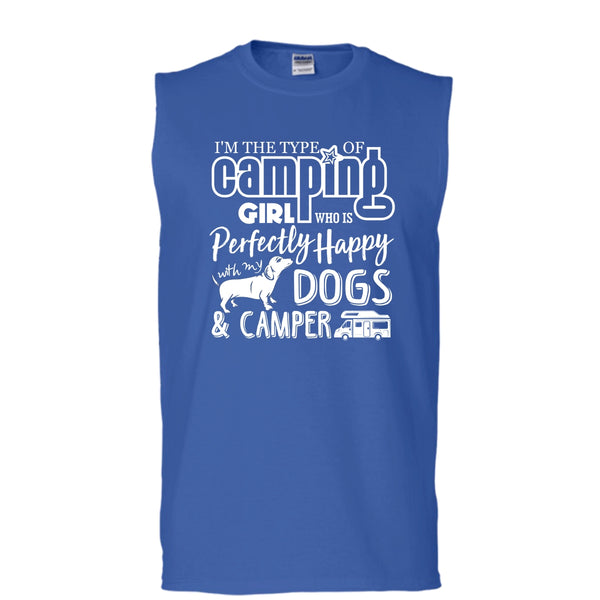 I'm The Type Of Camping Girl T Shirt, Happy With My Dogs & Camper T Shirt, Cool T Shirt (Men's Cotton Sleeveless)