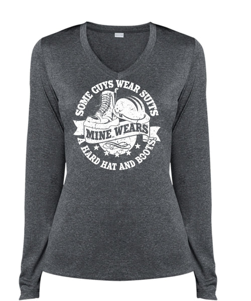 Some Guy Wear Suits T Shirt, Mine Wears A Hard Hat And Boots T Shirt, Cool Shirt (Ladies LS Heather V-Neck)