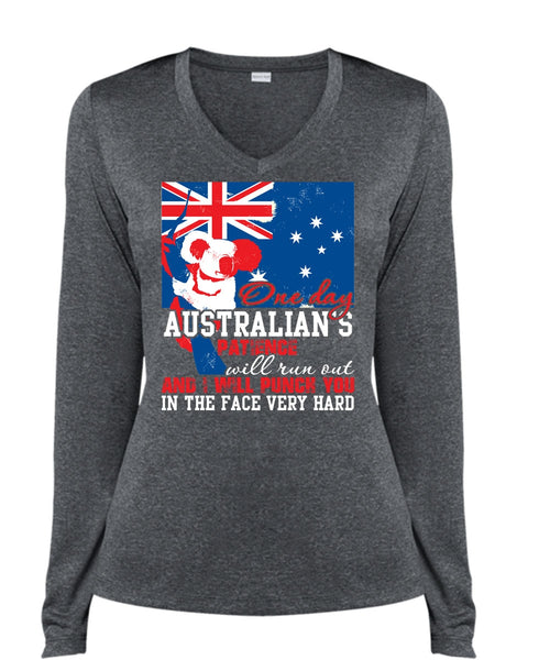 On Day Australian's Patience T Shirt, Being A Veteran T Shirt, Cool Shirt (Ladies LS Heather V-Neck)