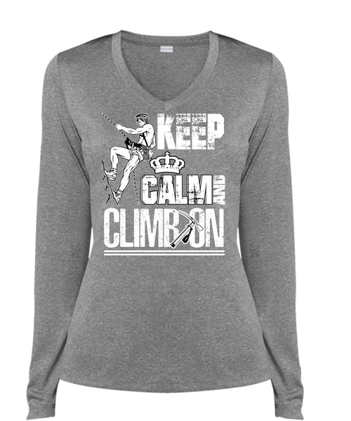 Keep Calm And Climb On T Shirt, Being A Hiker T Shirt, Cool Shirt (Ladies LS Heather V-Neck)