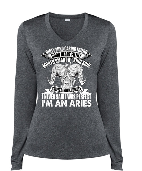 I'm An Aries T Shirt, Dirty Mind Caring Friend T Shirt, Cool Shirt (Ladies LS Heather V-Neck)