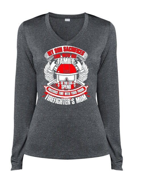 My Son Sacrifices Time T Shirt, Firefighter's Mom T Shirt, Cool Shirt (Ladies LS Heather V-Neck)