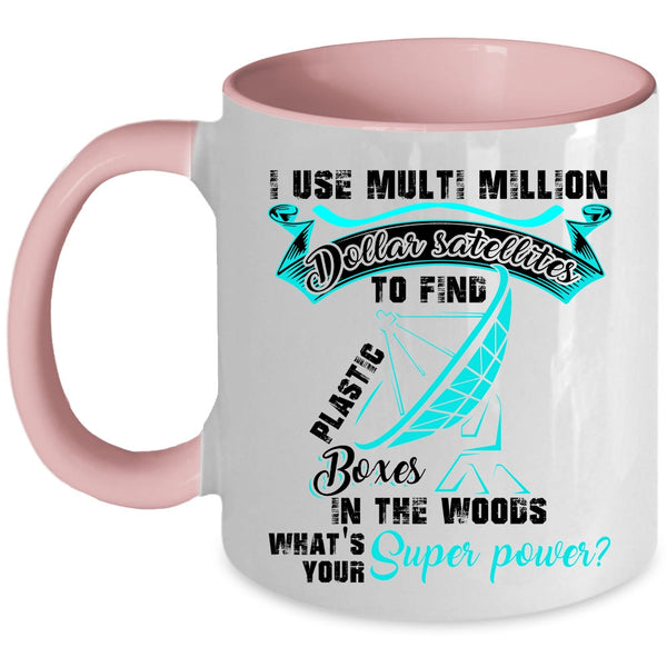 Funny Geocaching Coffee Mug, Plastic Boxes In The Woods Accent Mug