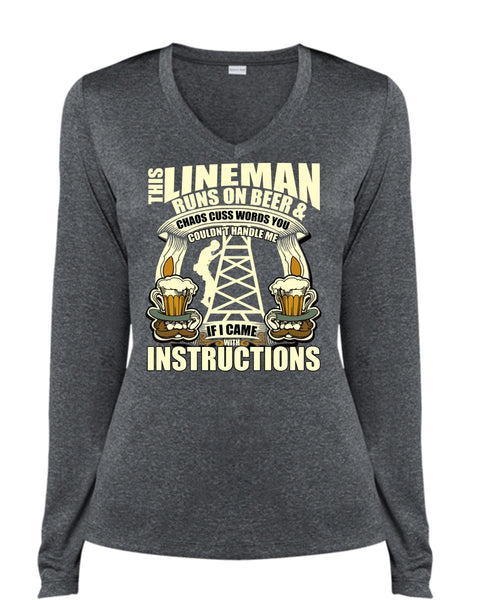 This Lineman Runs On Beer T Shirt, I Came With Instructions T Shirt, Cool Shirt (Ladies LS Heather V-Neck)