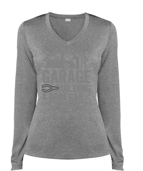 Garage Building A Race Car T Shirt, Being A Mechanic T Shirt, Cool Shirt (Ladies LS Heather V-Neck)